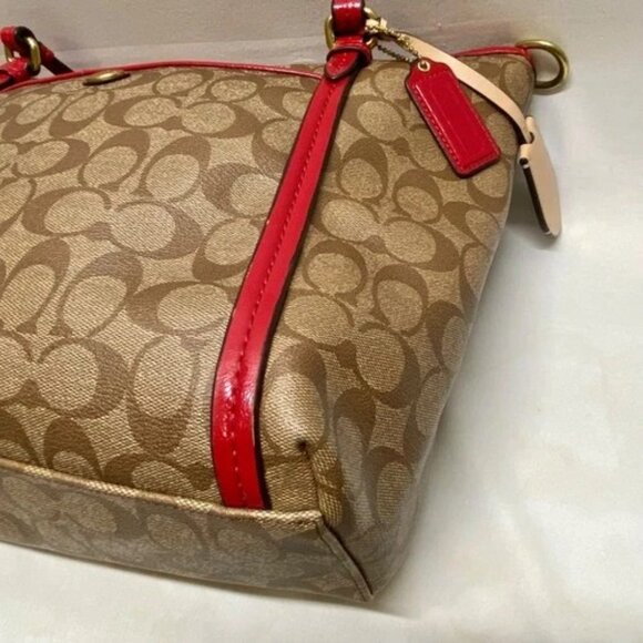 Coach Peyton Signature Large Pocket Tote Khaki Red Trim Rare F25504 Worn Handles - Picture 10 of 15